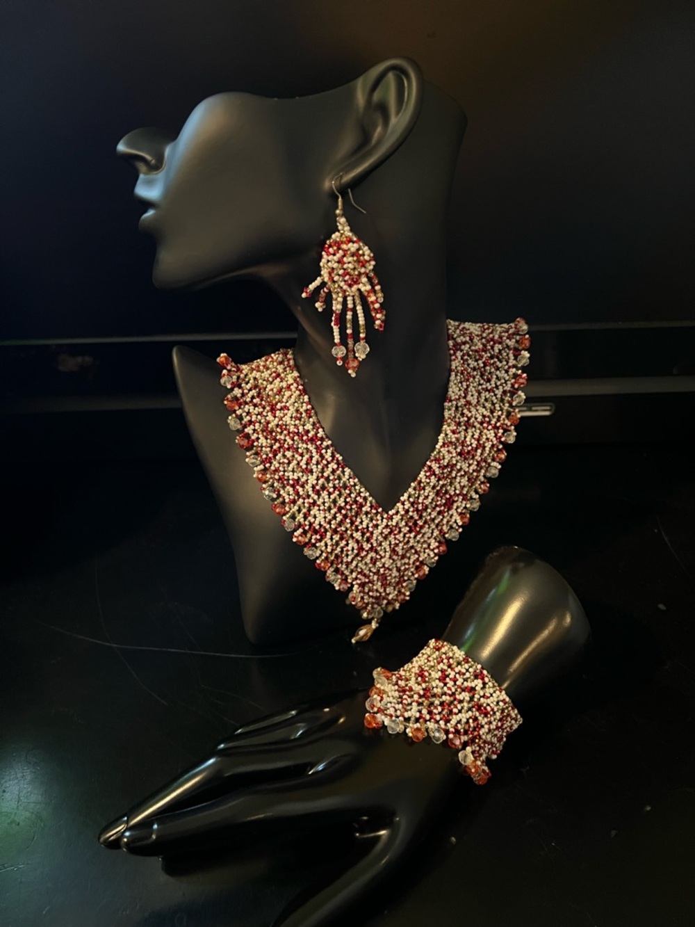 Beaded V-Front Necklace Set in Red and Cream